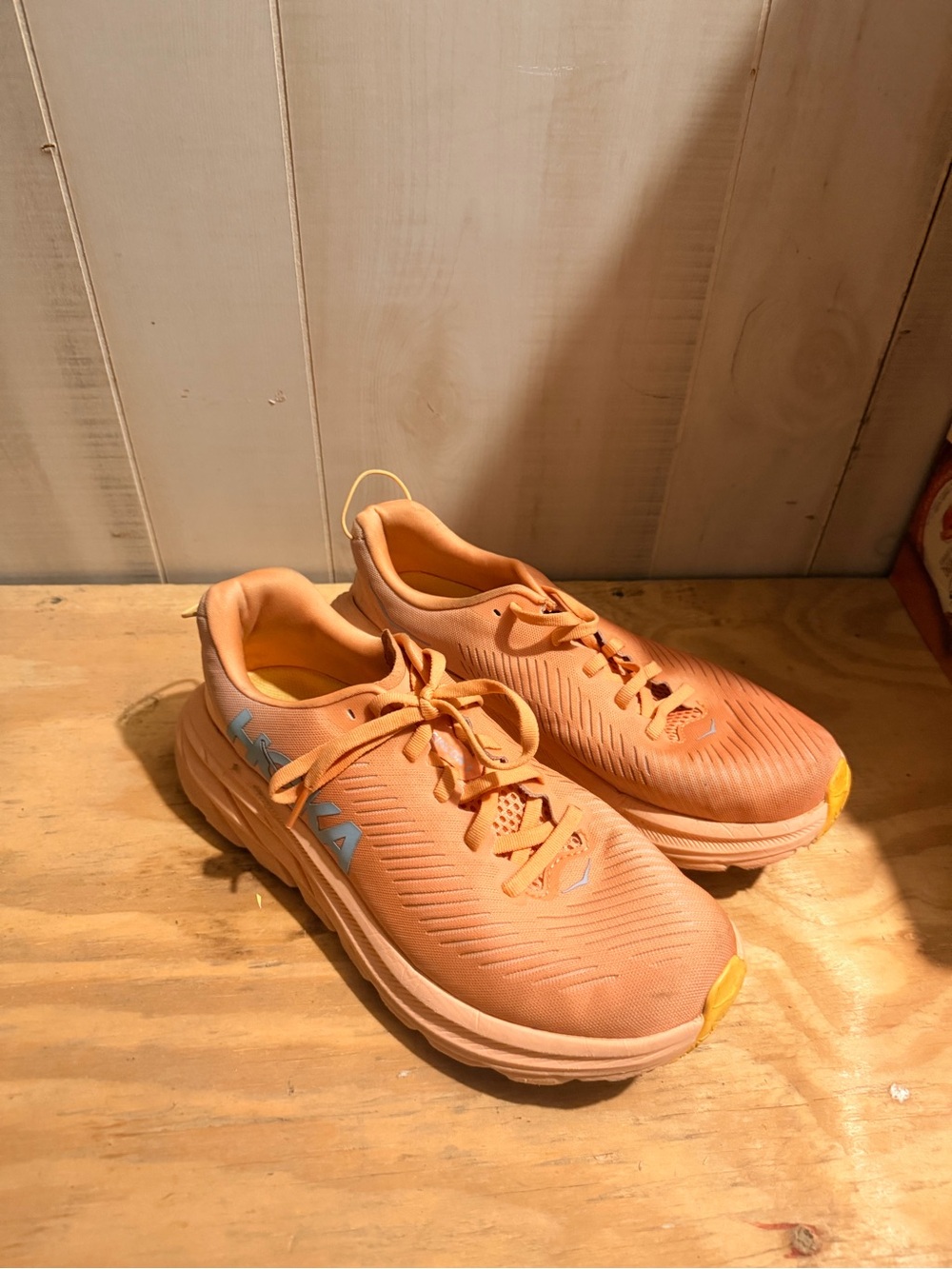 Hoka Kids Peach-Orange Sneakers with Yellow Toe Accents